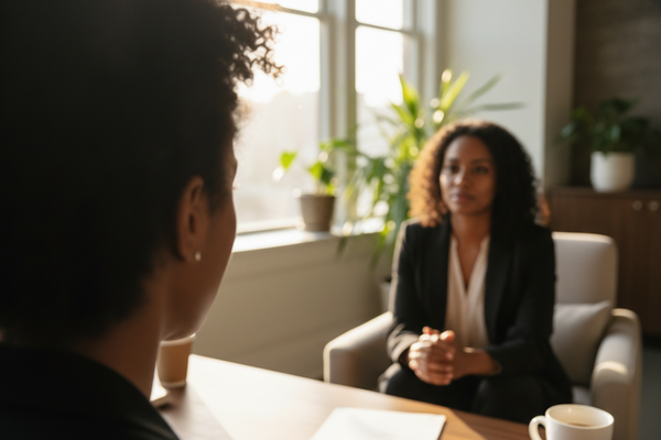 View from Coach facing client over the coaches ear, looking at the client - no faces visible. African American women
